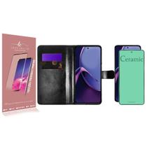 Capa Case Carteira material sintético Preto + Película De Ceramica Para Moto G84 XT2347 6.55 - Luiza Cell25
