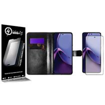 Capa Case Carteira material sintético Preto + Película De Vidro 3D Para Moto G84 XT2347 6.55 - Cell In Power25