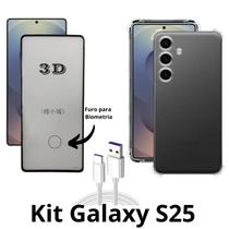 Capa Case Silicone Anti Choque + Cabo Tipo C + Película 3D de Vidro para Samsung Galaxy S25