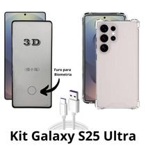 Capa Case Silicone Anti Choque + Cabo Tipo C + Película 3D de Vidro para Samsung Galaxy S25 Ultra Capa Case Silicone Anti Choque + Cabo Tipo C + Película 3D de Vidro para Samsung Galaxy S25 Ultra