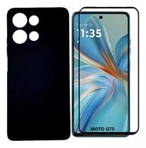 Capa Case Silicone Aveludada Preta para Motorola Moto G75 5g + Película 3D de Vidro Temperado