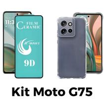 Capa Case Silicone TPU Transparente + Película de Cerâmica Clear Premium para Moto G75 5G
