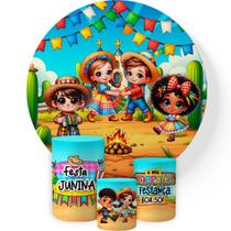 Capa Cilindro Veste Fácil + Painel Redondo de Festa Junina Tecido Sublimado Não Amassa Não Reflete a Luz e Não Desbota