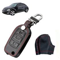 Capa Couro Manopla Câmbio Automático E Capa Chave Canivete 3 Botões Novo Fusca 2013 Á 2016