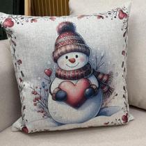 CAPA DE ALMOFADA LINHO BONECO DE NEVE CORAÇAO NATAL 45x45CM
