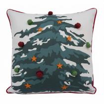 Capa De Almofada Pinheiro Verde Pompom Luxuosa Algodão Tecido Natal 45cm x 45cm