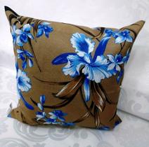 Capa de Almofada Tecido Estampada Floral Marrom e Azul 45x45