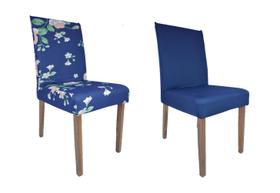 Capa de Cadeira Malha - Composê Azul Marinho / Flores - Kit 4 Capas