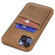 Capa de cartão Dockem de couro genuíno para iPhone 15 Plus marrom claro