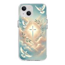 Capa de Celular Iphone Cruz Celestial com Pombas da Paz Proteção com Fé e Beleza