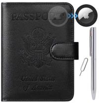 Capa de Couro para Passaporte com AirTag e Bloqueio RFID - Acessório de Viagem (Preto) Capa de Couro para Passaporte com AirTag e Bloqueio RFID - Acessório de Viagem (Preto)