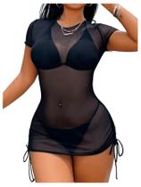 Capa de maiô RoseSeek Sheer Mesh com cordão, franzido, preto