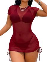Capa de maiô RoseSeek Sheer Mesh com cordão vermelho franzido