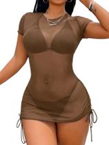 Capa de maiô RoseSeek Sheer Mesh Drawstring Coffee Capa de maiô RoseSeek Sheer Mesh Drawstring Coffee