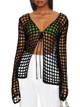 Capa de maiô Saodimallsu, manga comprida, crochê, preta, feminina