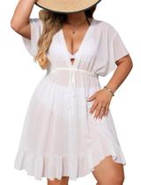 Capa de maiô SWOMOG Plus Size Vestido de praia com decote em V branco Capa de maiô SWOMOG Plus Size Vestido de praia com decote em V branco
