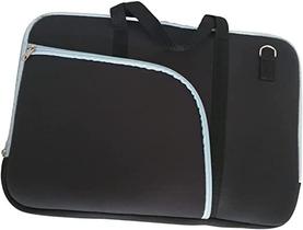Capa de Neoprene Protetora para Notebook Preta 15,6" Bolso Alça de mão e Transversal Fechamento em Ziper Azul Claro
