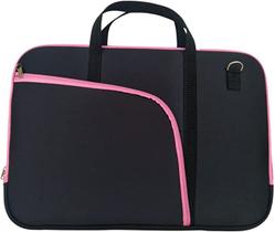 Capa de Neoprene Protetora para Notebook Preta 15,6" Bolso Alça de mão e Transversal Fechamento em Ziper Rosa