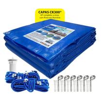 Capa de Piscina Azul Ck300 6.5x3 Metros Com Ilhós A Cada Metro + Kit Para Instalação