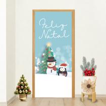 Capa de Porta Natalina Decorativa com Boneco de Neve Pinguim e Árvore de Natal com Escrita Feliz Nat