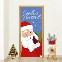 Capa de Porta Natalina Decorativa Papai Noel com Frase Feliz Natal Fundo Azul Neve Decoração Festiva