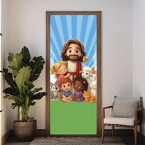Capa de Porta Religiosa Jesus com Crianças e Animais Estampa Sublimada Fé Amor e Proteção no Lar Capa de Porta Religiosa Jesus com Crianças e Animais Estampa Sublimada Fé Amor e Proteção no Lar