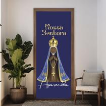 Capa de Porta Religiosa Nossa Senhora Aparecida Azul com Detalhes Dourados Decoração de Fé e Devoção