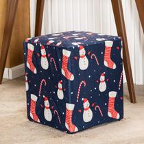 Capa de Puff Quadrado Avulsa Estampada Natalina Ajustável com Elástico - Tecido Veludo Suede Decoração Natal Banquinho