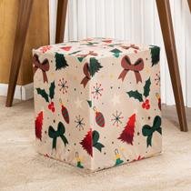 Capa de Puff Quadrado Avulsa Estampada Natalina Ajustável com Elástico - Tecido Veludo Suede Decoração Natal Banquinho