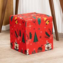 Capa de Puff Quadrado Avulsa Estampada Natalina Ajustável com Elástico - Tecido Veludo Suede Protetora Decoração Natal Banquinho Banco Pufe Poltrona