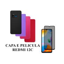 Capa De Silicone Aveludado Colorida E Película de vidro 3D Privacidade Anti Spy Compativel Redmi 12c Proteção Celular