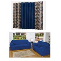 Capa De Sofá 2 E 3 Elasticada + Cortina 2,00 Metros Azul Estampada