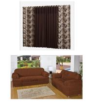 Capa De Sofá 2 E 3 Elasticada + Cortina 2,00 Metros Tabaco Estampado