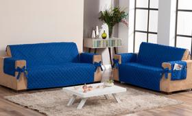 capa de sofá para 2 e 3 lugares com laço e porta controle azul