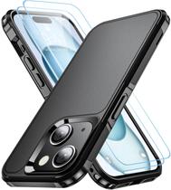 Capa de telefone AEDILYS à prova de choque para iPhone 15 com 2x vidro preto