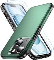 Capa de telefone AEDILYS à prova de choque para iPhone 15 com 2x vidro verde escuro Capa de telefone AEDILYS à prova de choque para iPhone 15 com 2x vidro verde escuro