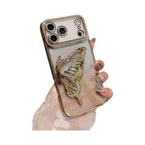 Capa De Telefone Borboleta Rosa Com Strass Para iPhone 17 pro Max Air Luxo 3D Suporte Protetor Macio