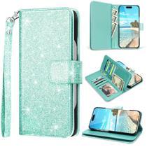 Capa de telefone Fingic para iPhone 16 Pro Wallet Teal com 9 cartões Capa de telefone Fingic para iPhone 16 Pro Wallet Teal com 9 cartões