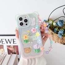 Capa de telefone Roemary 3D Floral para iPhone 14 Pro com arco-íris de pulso Capa de telefone Roemary 3D Floral para iPhone 14 Pro com arco-íris de pulso
