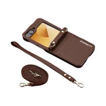 Capa De Telefone Samsung Galaxy Z Flip Com Alça Transversal, Porta Cartões E Alça De Pulso Em Couro