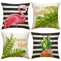 Capa de travesseiro Flamingo and Tropical Leaf Linen 45x45cm