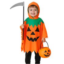 Capa Fantasia Halloween Abobora Tam 2 ao 14 + Balde + Foice