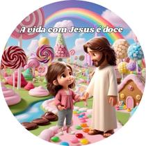 Capa Painel Redondo 50cm Jesus e as Crianças Festa Religiosa Igreja Catequese Tecido Elástico