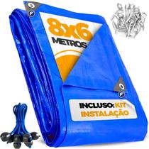 Capa Para Piscina 8x6 Proteção Lona 6x8 Impermeavel Azul Multiuso + Kit Instalação