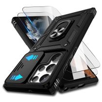 Capa para Samsung Galaxy S22 Ultra com Tampa para Lente da Câmera e Protetor de Tela HD (2 Peças), Proteção Militar contra Quedas de 3 Metros, Suporte com Anel Magnético, Capa Protetora para Galaxy S22 Ultra, Preta