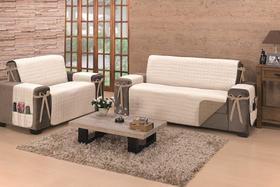 Capa para sofá king de 2 lugares fixo ou reclinavel em algodao com dupla face + porta objetos + laços de fixação largura do assento de 1,20m