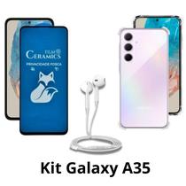 Capa + Película Fosca Privacidade + Fone de Ouvido para Samsung Galaxy A35 Capa + Película Fosca Privacidade + Fone de Ouvido para Samsung Galaxy A35