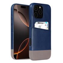 Capa Porta Cartões de Couro Alto para iPhone 16 Pro Max 6,9" Azul Marinho e Cinza