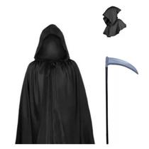 Capa Preta C/ Capuz E Foice Artificial Fantasia Halloween Carnaval