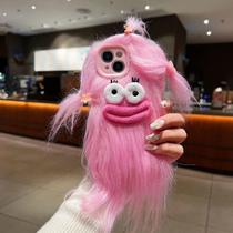 Capa Pretaco para iPhone 15 Plus, capas de telefone peludas engraçadas e bobas cabelo comprido faça você mesmo com clipe de cabelo Capa feia para celular, troque presentes de desafio com amigos (rosa)